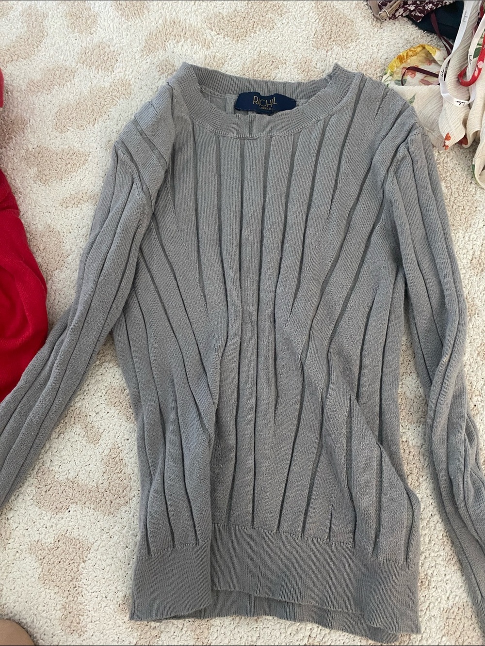 Red Button-Front Cardigan and Green/Gray Ribbed Pullover - Picture 3 of 3